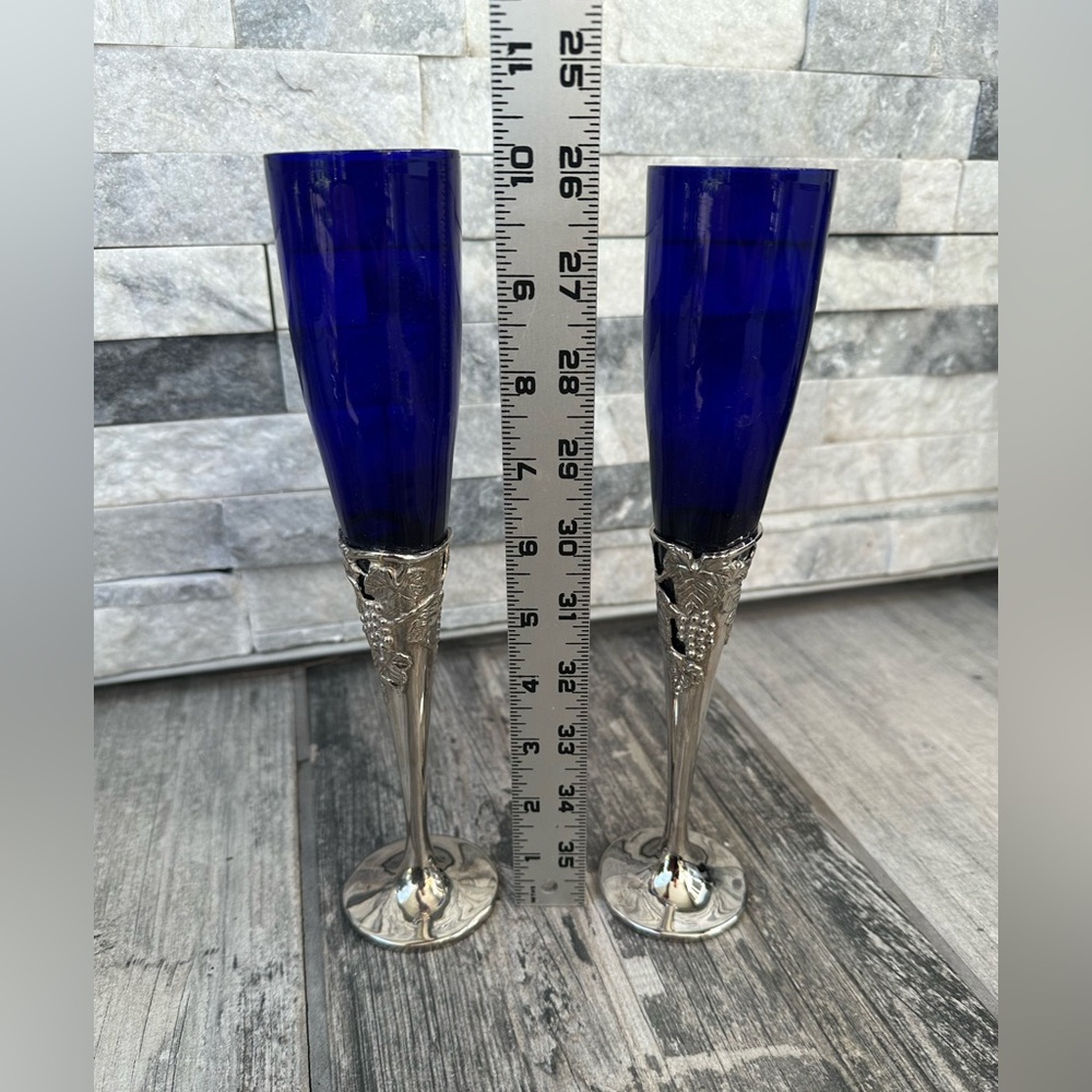 Silver plated cobalt blue fluted Champaign glasses Set of 2 - Picture 10 of 12